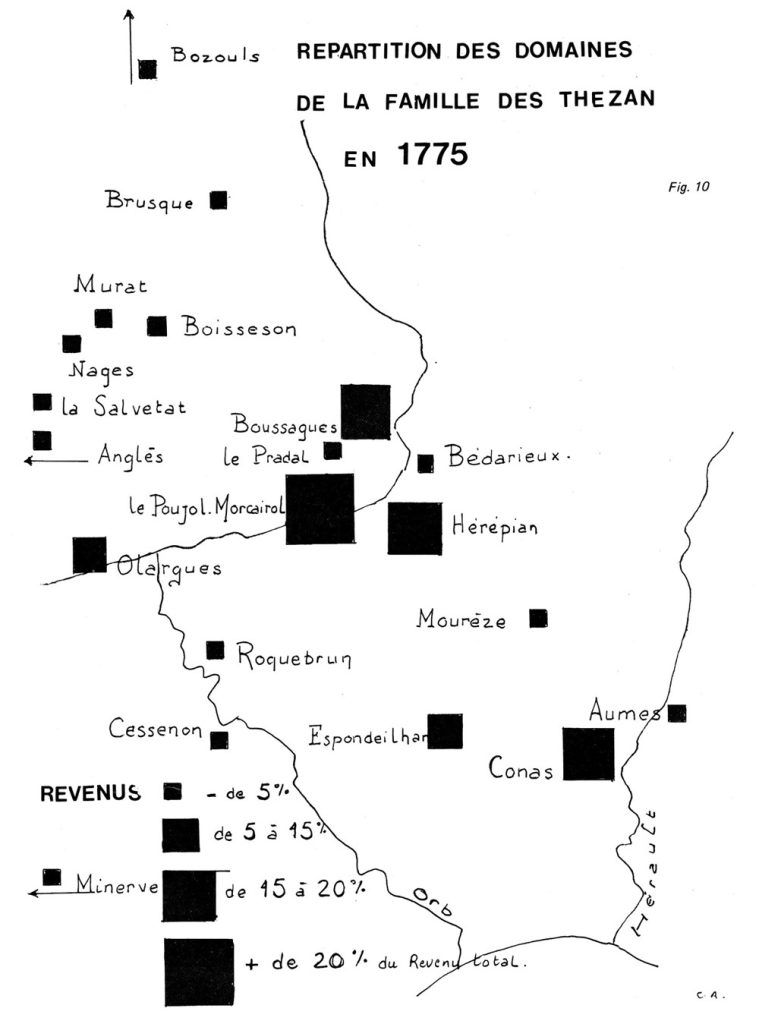 Répartition des domaines de la famille des Thézan en 1775