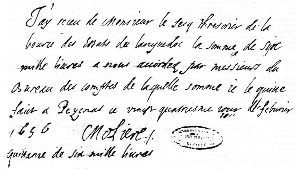 Quittance autographe de Molière - Pézenas - 24 Février 1656