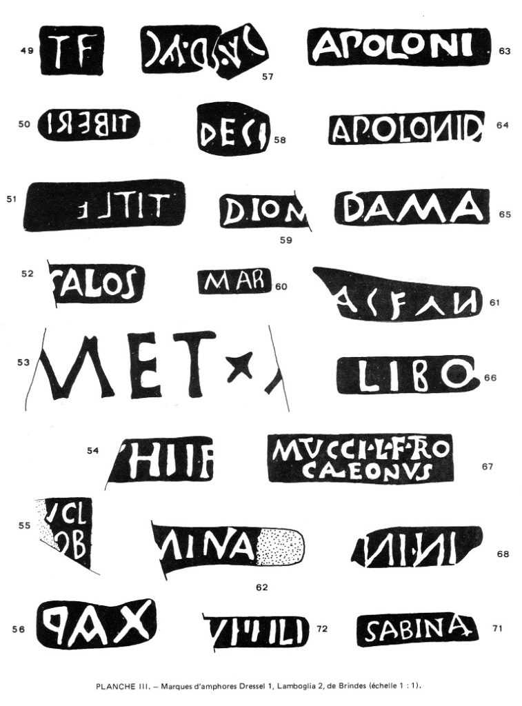 Planche III. - Marques d'amphores Dressel 1, Lamboglia 2, de Brindes.