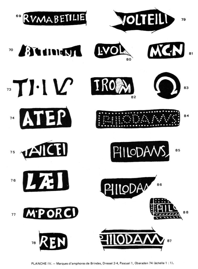 Planche IV. - Marques d'amphores de Brindes, Dressel 2-4, Pascual 1, Oberaden 74, de Brindes.
