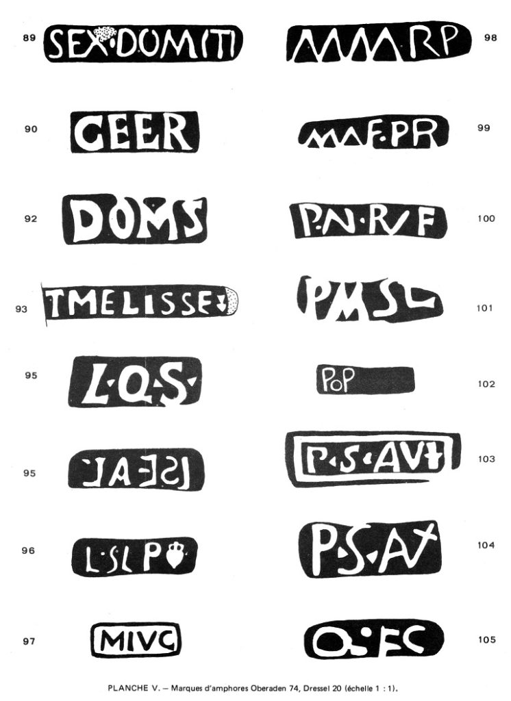 Planche V. - Marques d'amphores Oberaden 74, Dressel 20.