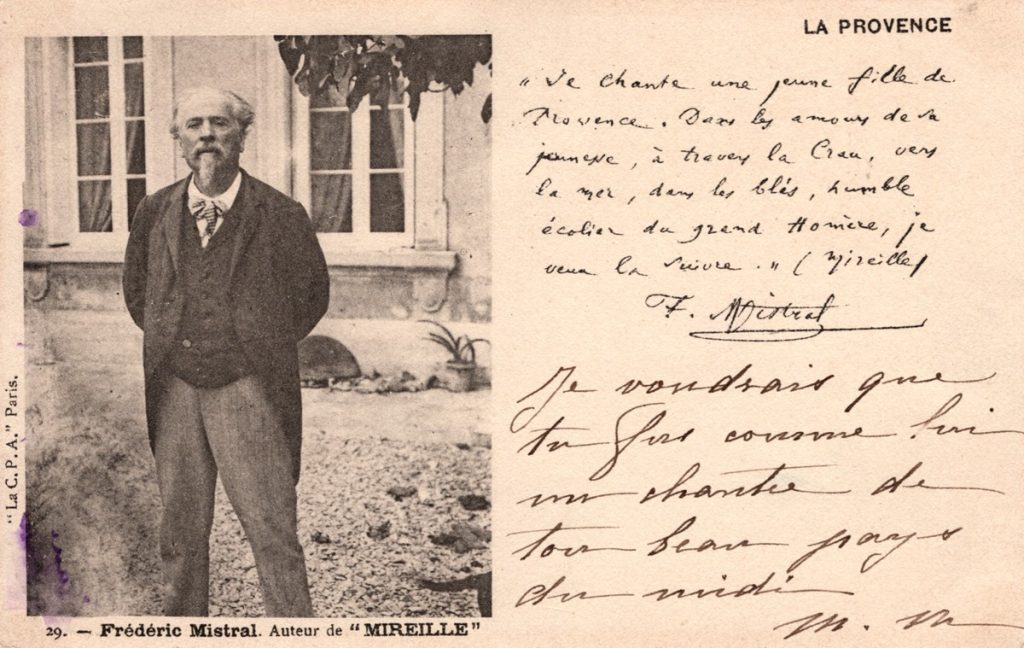 Frédéric Mistral, un modèle pour Bernard de Montaud-Manse. Carte postale de Mme P. Manse, née Marie de Cabissole à son petit-fils (date illisible)