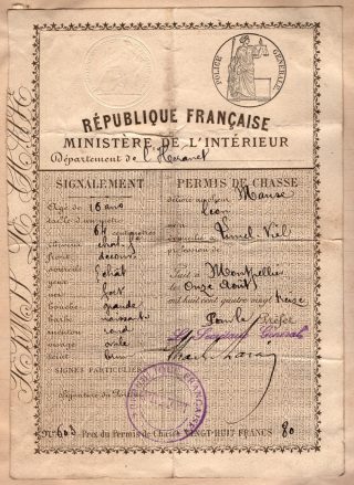 Permis de Chasse de Léon Manse à 16 ans, en 1893
